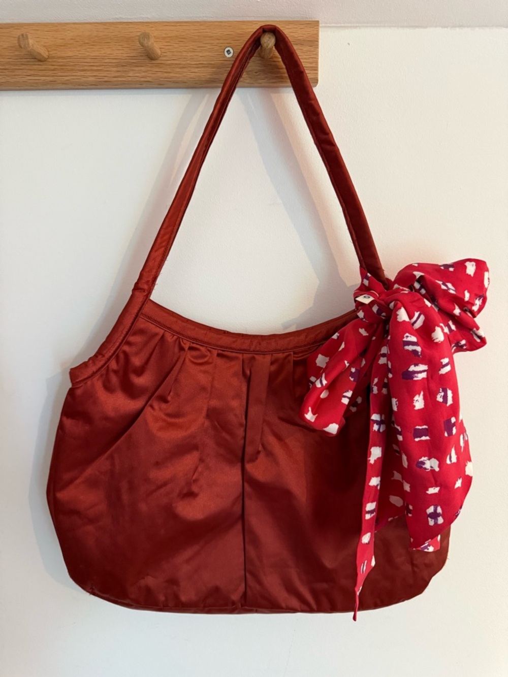 Club Monaco Satin Shoulder Bag in Rust with Red Scarf Accent